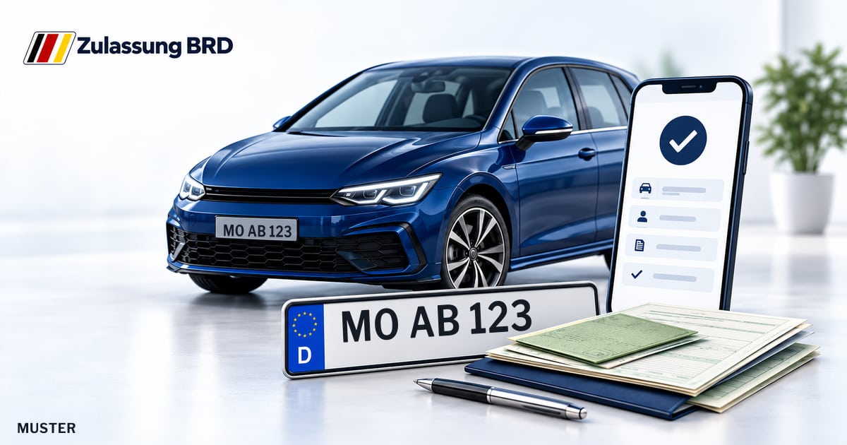 Online Fahrzeugzulassung in Xanten: Musterkennzeichen MO AB 123, Auto und Fahrzeugpapiere und Smartphone. Illustration mit Logo von Zulassung BRD.